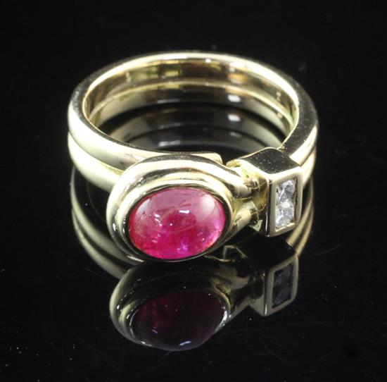 A 1950s/1960s? French 18ct gold ruby and diamond ring, size L.